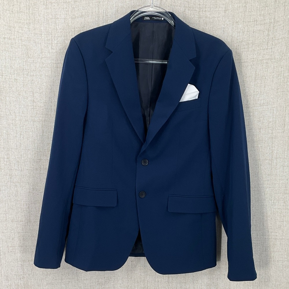 Zara Blazer‎ Mens 36 Navy Slim Fit Notch Lapel Two Button Classic Professional